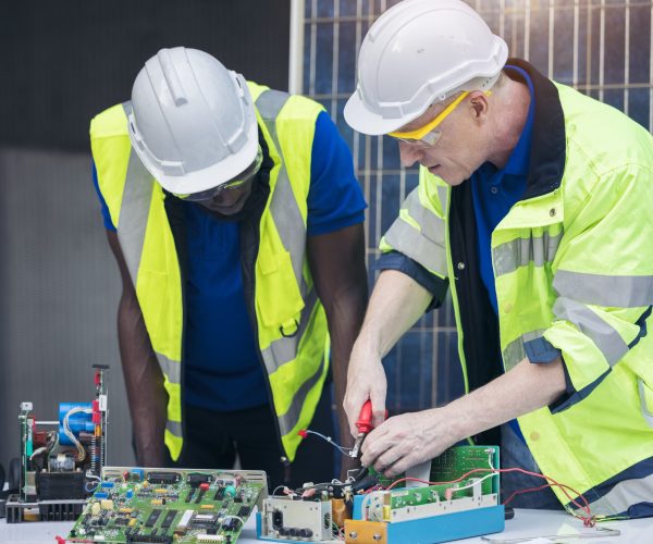 Engineer working repairing electric panel with solar panels background, Concept teamwork or training of renewable.