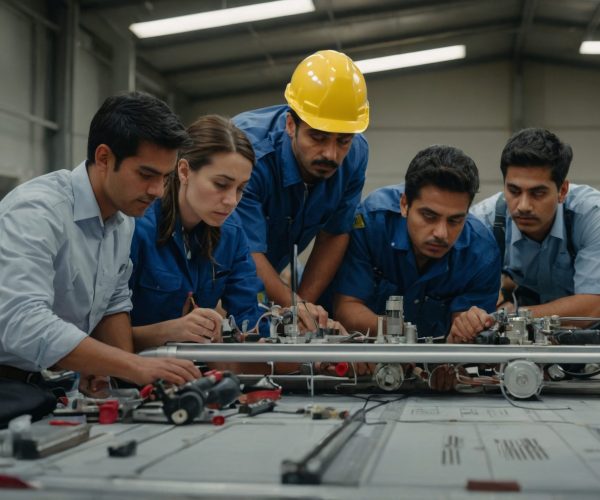 Group of engineers leaning over table