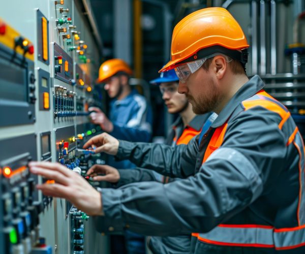 Three men in orange safety gear are working on a control panel. They are wearing hard hats and safety glasses